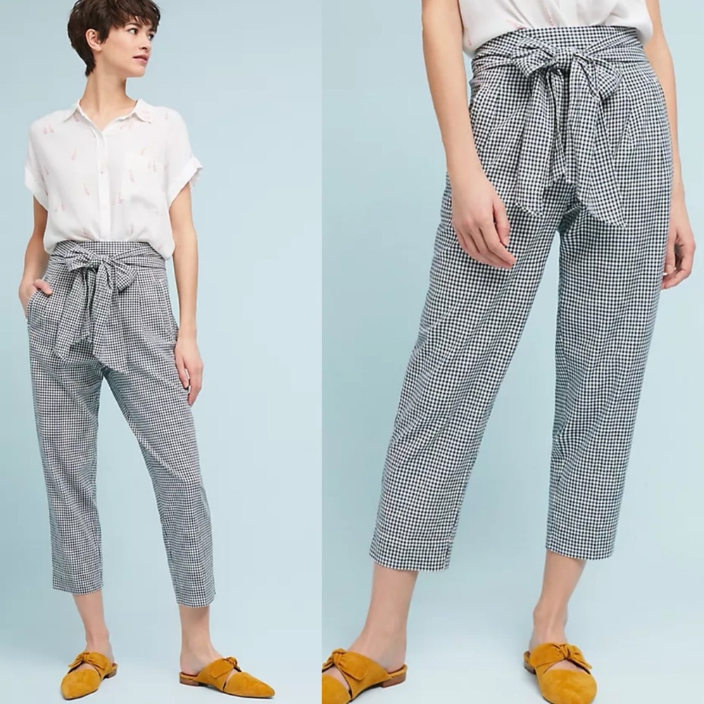 Anthropologie Cartoonier Linen Blend Gingham High Waist Tie Front Trouser Pant